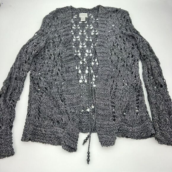 Chicos Size 2/L Dark Gray Tie Front Open Knit Cardigan Long Sleeve - Picture 1 of 3